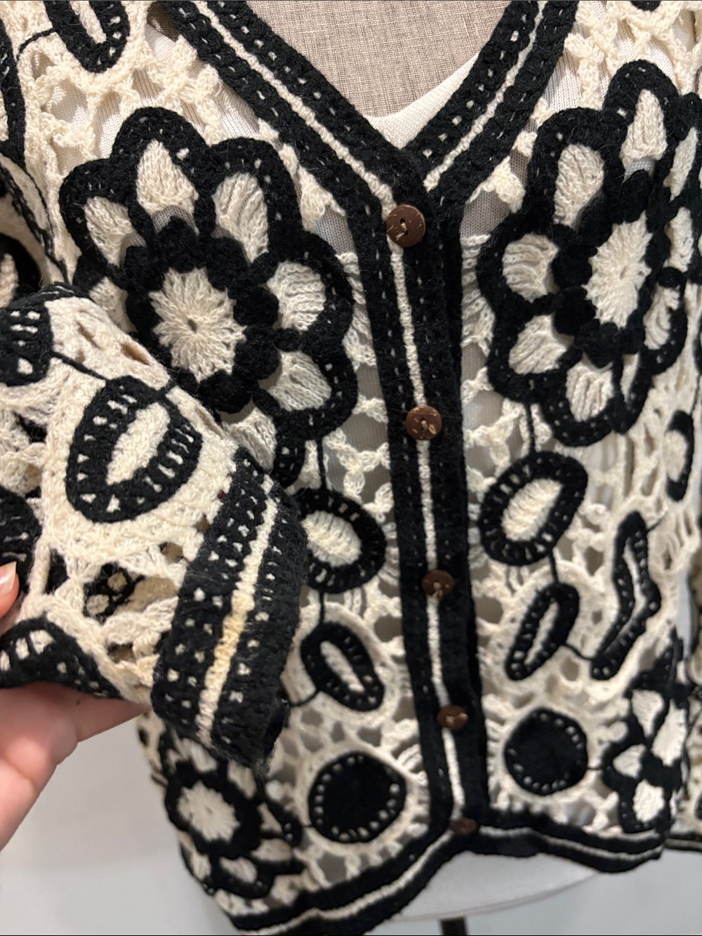Crochet Cardigan Black Cream Floral Boho Festival S/M Sweater - Picture 7 of 14